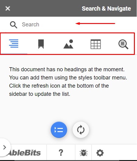 إضافة search & navigate من مستندات جوجل